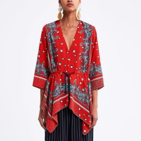 Zara Asymmetric Boho Bandana Paisley Tie Front Top - Picture 4 of 12